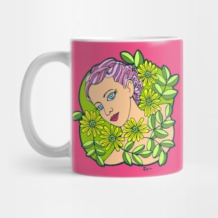 Girl with Pink Hair Surrounded by Yellow Flowers Mug